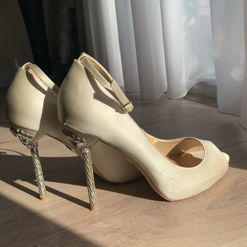 Satin open toe heels with crystals beige size 8